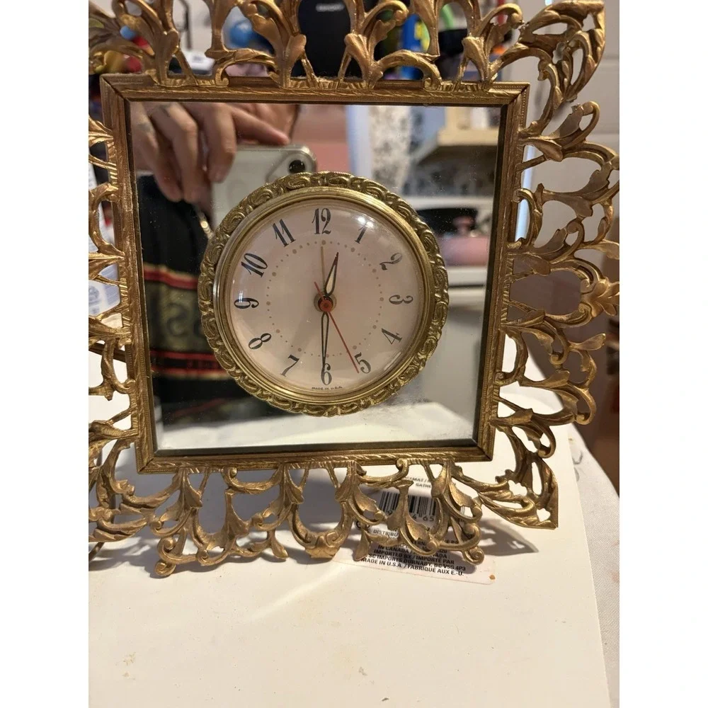 Vintage Hollywood Regency Gold Ornate Mirror Clock Electric Alarm WORKING USA